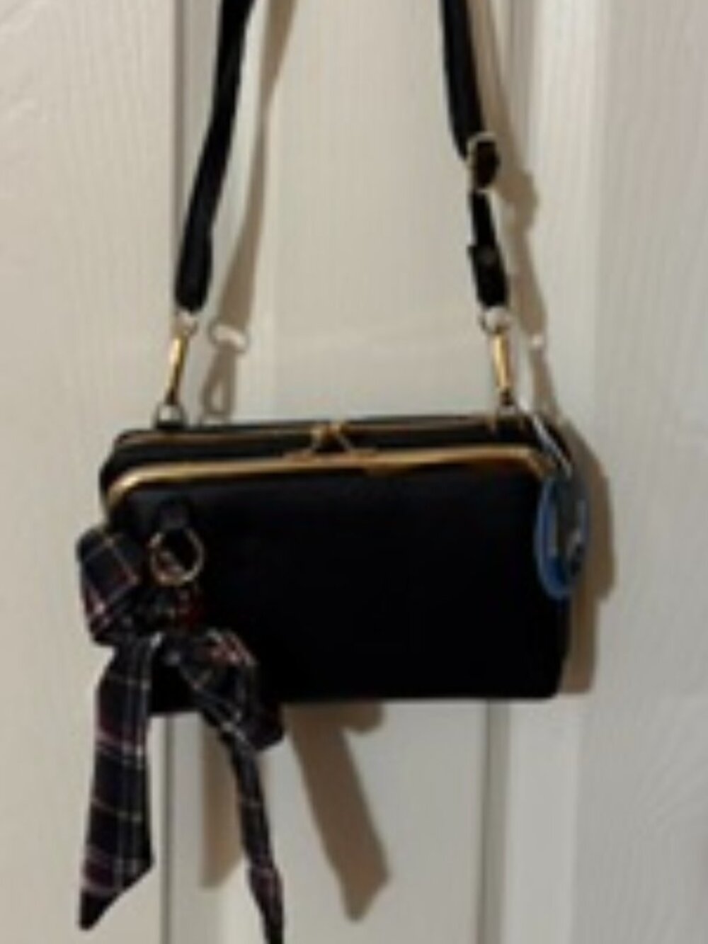 Black Pebbled Kiss-Lock Crossbody Bag with Plaid Bow